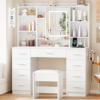 BEWISHOME Vanity Desk with Mirror and Lights, Makeup Vanity Table with P...