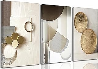 3 Pcs Abstract Gold Geometric Boho Canvas Wall Art Mid Century Modern Mi...