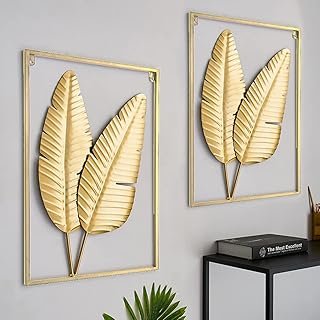 HKaikzo Gold Metal Wall Decor Set of 2, Leaf Wall Hanging Home Decor wit...
