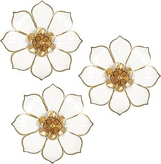 Metal Flowers Wall Decor White and Gold Wall Art Decorations Hanging 3 P...