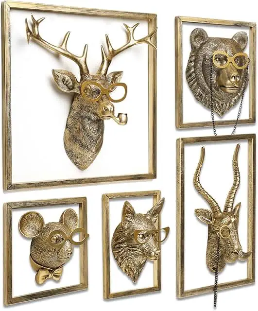 Animal Heads Wall Decor (5pcs, Includes Metal Frame) Resin Animals Sculp...