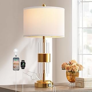 QiMH Gold Table Lamp for Living Room with USB A+C Ports, Bedside Lamps f...