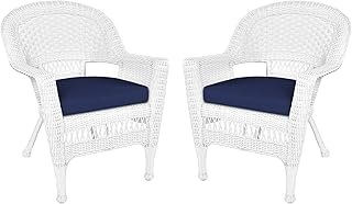 Jeco Wicker Chair with Blue Cushion, Set of 2, White/W00206-