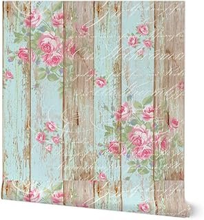 Spoonflower Peel & Stick Wallpaper Swatch - Shabby Chic Woodgrain Roses ...