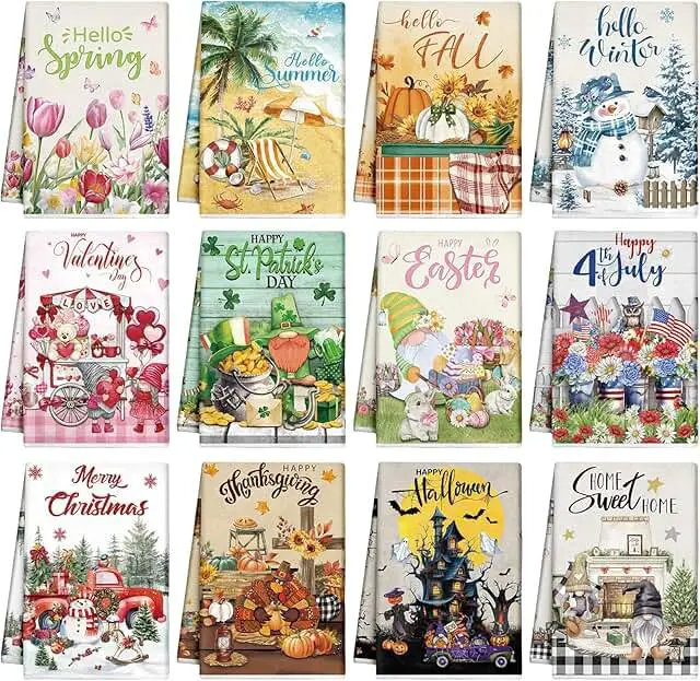 12 Pcs Seasonal Kitchen Towels Set for All Holidays Hand Dish Tea Towels...