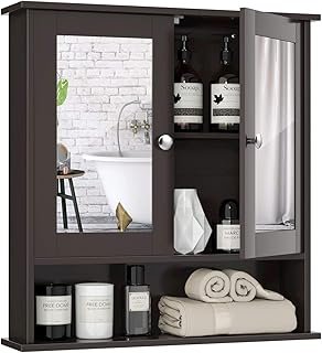 Tangkula Bathroom Medicine Cabinet with Mirror, Wall Mounted Wooden Hang...