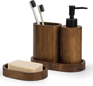 Bathroom Accessory Set, 4 Pieces, Carbonized Bamboo, Soap Dish, Soap Dis...