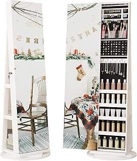 LVSOMT 360° Swivel Mirror with Jewelry Cabinet, Frameless Full Length Mi...