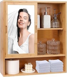 Bamboo Bathroom Cabinet with Mirror, Wall Mounted, Vanity Storage, Over ...