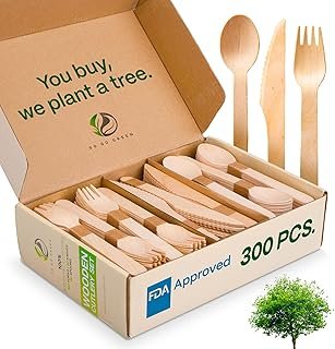 100% Compostable Cutlery Set - 300 Pieces Wooden Compostable Utensils [1...