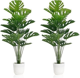 SAJANDAS Set of 2 Artificial Monstera Deliciosa Plants in Pots, Fake Tro...