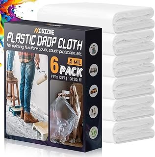 12 x 9 Ft Plastic Drop Cloths (6-Pack) - Disposable Painter's Sheeting &...