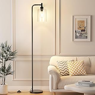 Industrial Floor Lamp with Glass Shade - Black, LED Bulbs, Foot Pedal Sw...