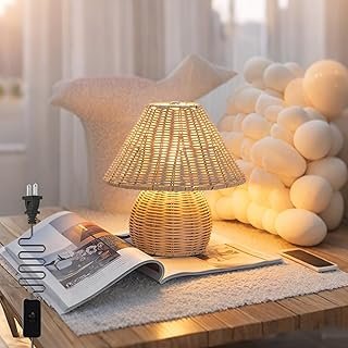 Boho Lamp Rattan Lamps,3 Colors Modes Vintage Wicker Light,Small Table L...