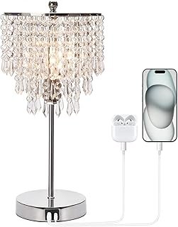 Touch Control Crystal Table Lamp with USB C+A Charging Ports, 3-Way Dimm...