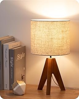EDISHINE Tripod Table Lamp, Small Cute Bedside Lamp with Linen Beige Lam...