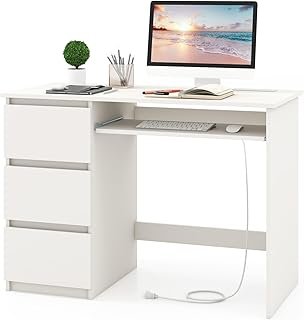 Tangkula White Desk with 3 Storage Drawers & Built-in Charging Station, ...