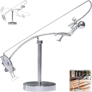 Kinetic Fishing Balance Art Sculpture, Stainless Steel Fisherman Desk To...