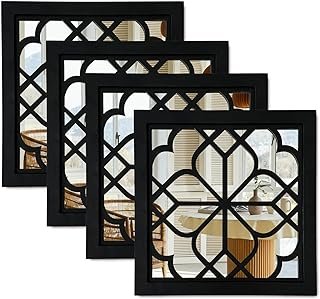 ZEXUIRU Set of 4 Wooden Rustic Square Wall Mirror Vintage Style Decorati...