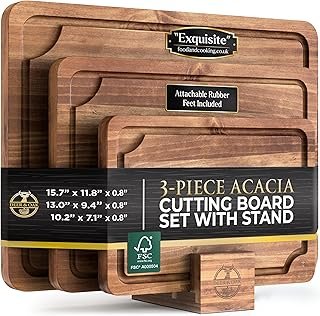 Pre-Oiled, Non Toxic 3-Piece Acacia Cutting Board Set with Stand, FSC Ce...