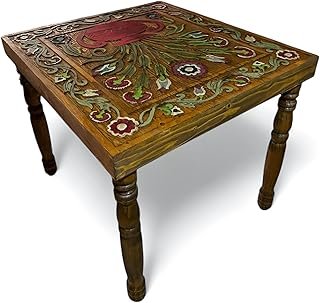 Vintage Hand-Carved Wooden Dining Table, Floral Design with Red and Gree...