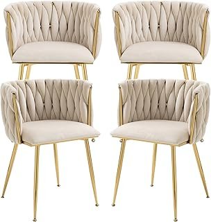Nrizc Velvet Dining Chairs Set of 4, Woven Upholstered Dining Chairs wit...