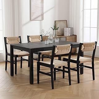 Mid Century Modern Weave Rattan Dining Chairs Set of 4, Black Beechwood ...