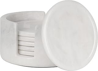 Marble Coasters Set of 6 White 3.5 Inch Round Coaster for Drinks with Ho...