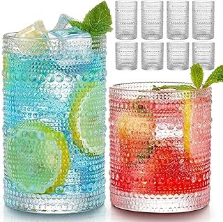 Vintage Hobnail Drinking Glasses Set of 8, 12 oz Highball Glasses & 10 o...