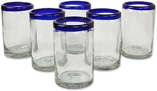 NOVICA Artisan Crafted Hand Blown Clear Cobalt Blue Rim Recycled Glass T...