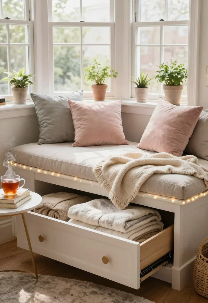 16 Bay Window Ideas for Living Room Furniture Layout - 1. Plush Window Seat with Storage 1
