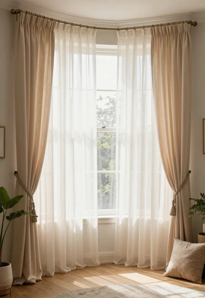 16 Bay Window Ideas for Living Room Furniture Layout - 12. Soft Drapery 1