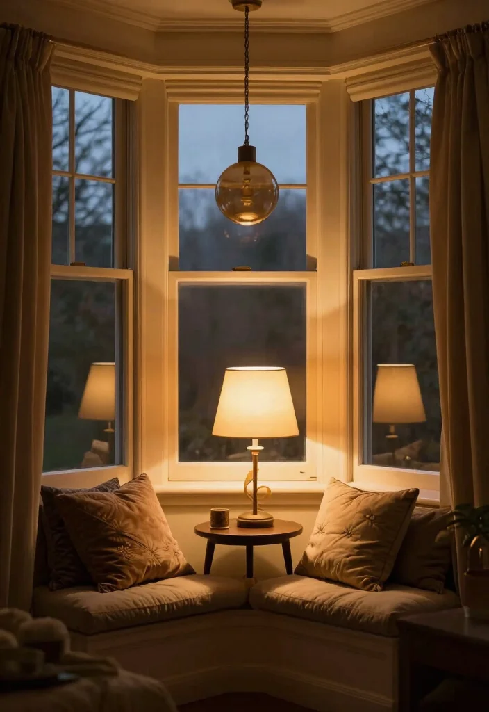 16 Bay Window Ideas for Living Room Furniture Layout - 13. Warm Lighting Fixtures 1