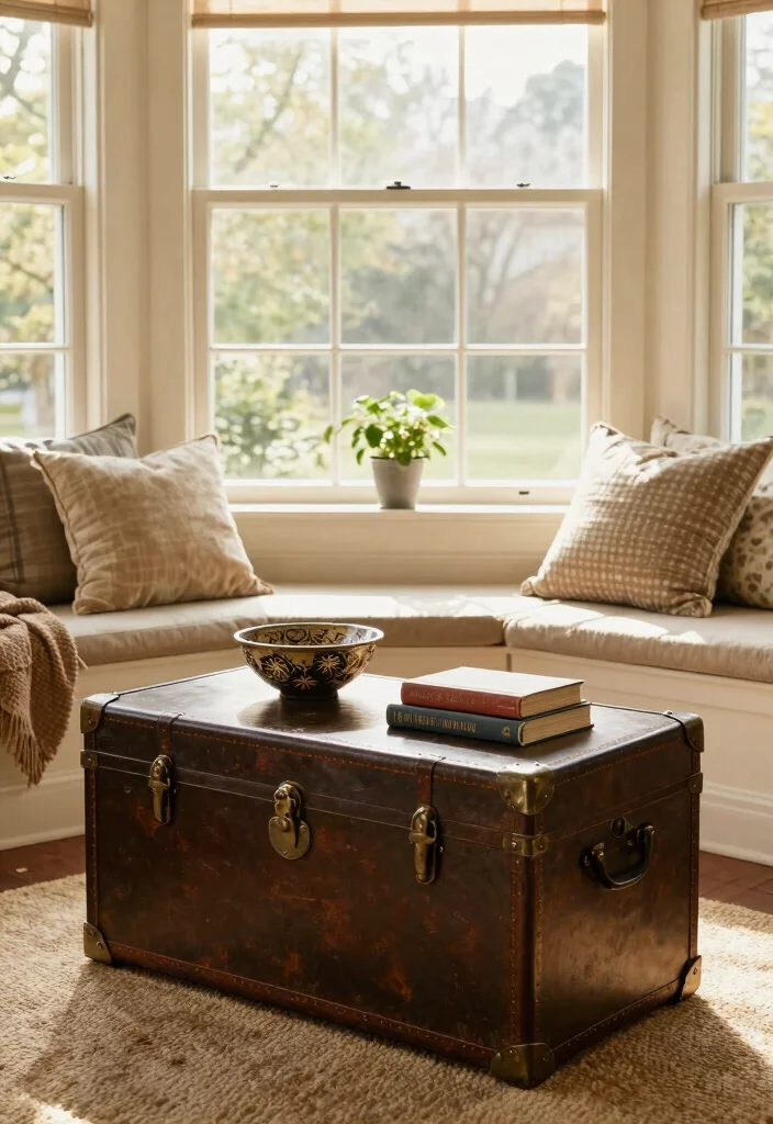 16 Bay Window Ideas for Living Room Furniture Layout - 15. Vintage Trunk Coffee Table 1