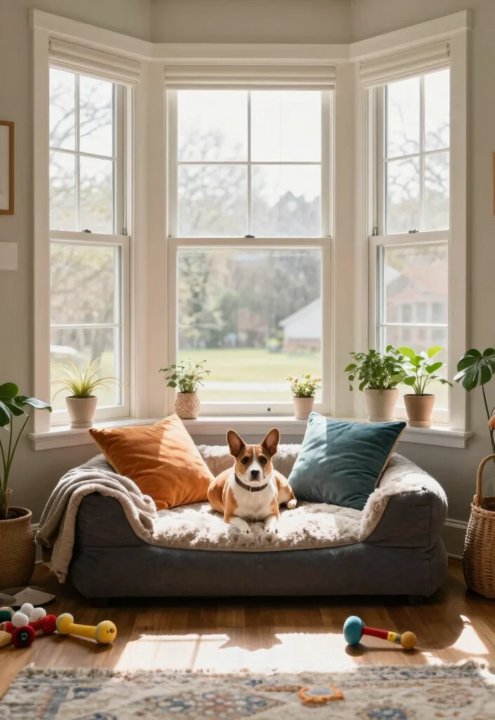 16 Bay Window Ideas for Living Room Furniture Layout - 9. Pet-Friendly Lounge 1