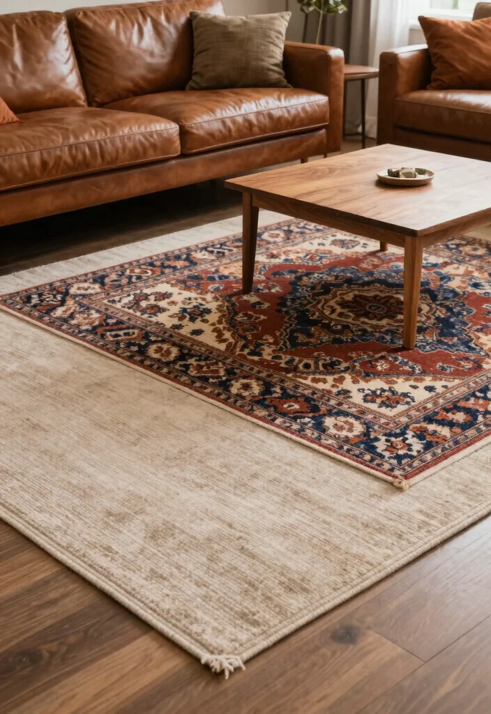 16 Brown Furniture Living Room Decor Ideas - 14. Layered Rugs 1