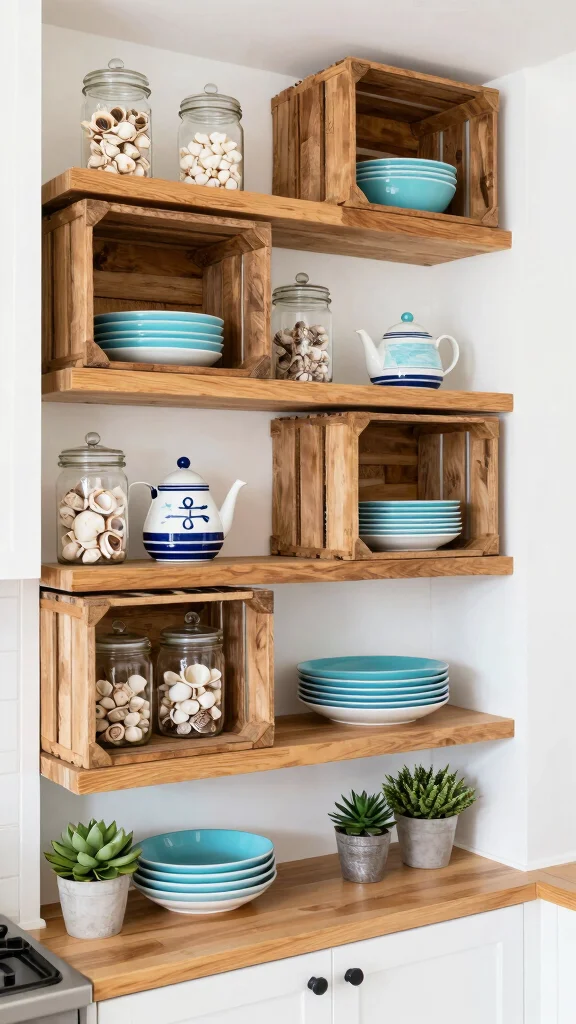 16 Coastal Kitchen Design Ideas: Bring the Beach Inside - 2. Open Shelving for Coastal Charm 1