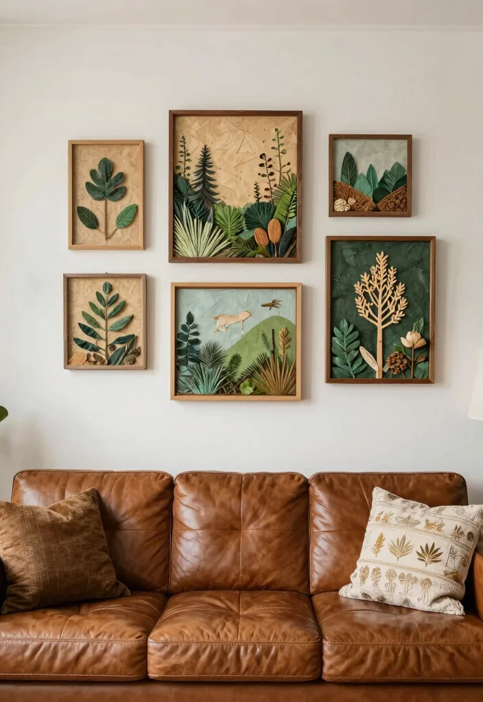 16 Living Room Decor Ideas with Brown Furniture - 10. Eco-Friendly Art Pieces 1