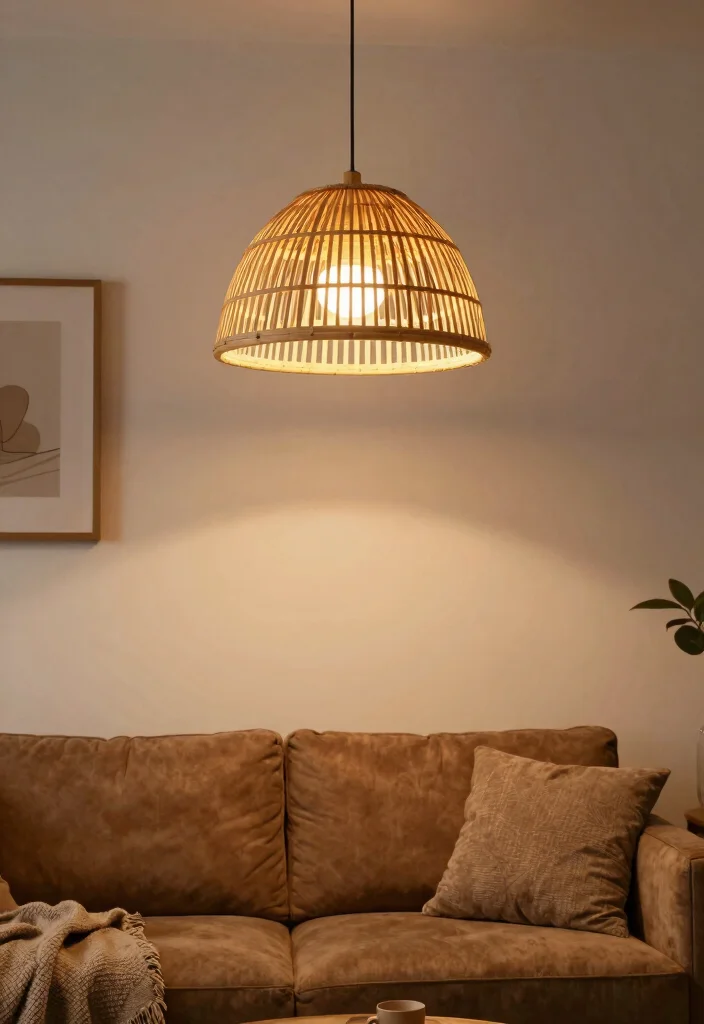 16 Living Room Decor Ideas with Brown Furniture - 13. Eco-Friendly Lighting Fixtures 1