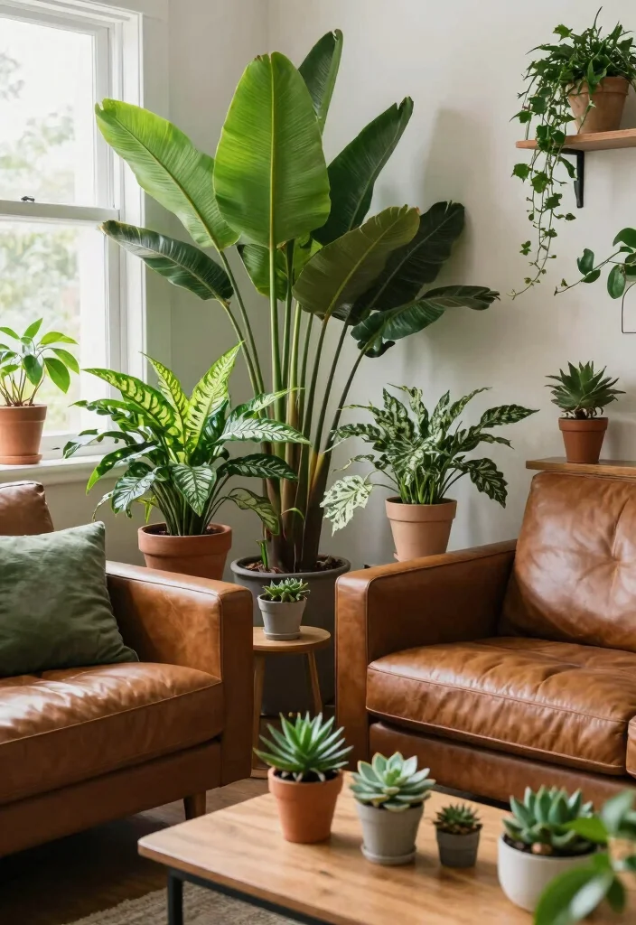 16 Living Room Decor Ideas with Brown Furniture - 4. Incorporate Greenery and Plants 1