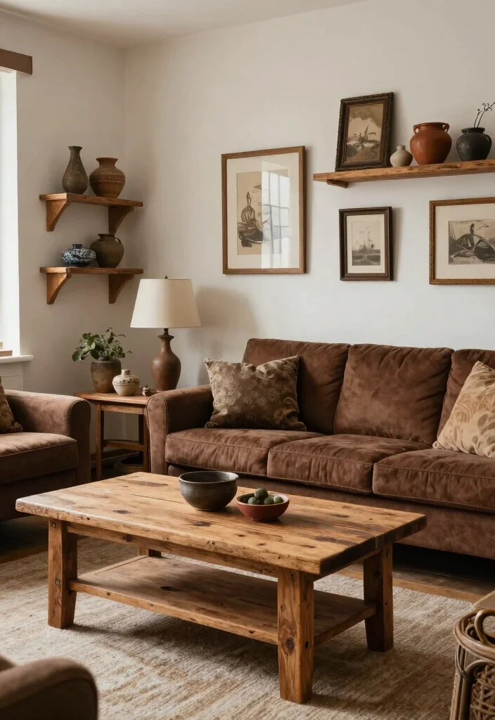16 Living Room Decor Ideas with Brown Furniture - 5. Rustic Accents and Decor 1