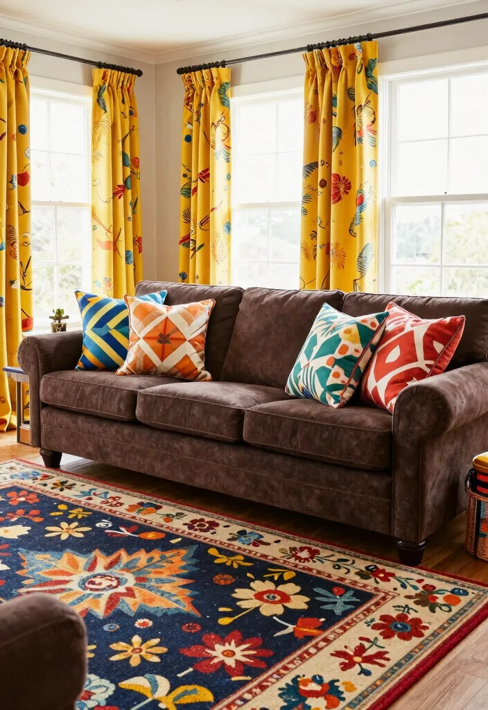 16 Living Room Ideas with Dark Brown Furniture - 10. Playful Patterns 1