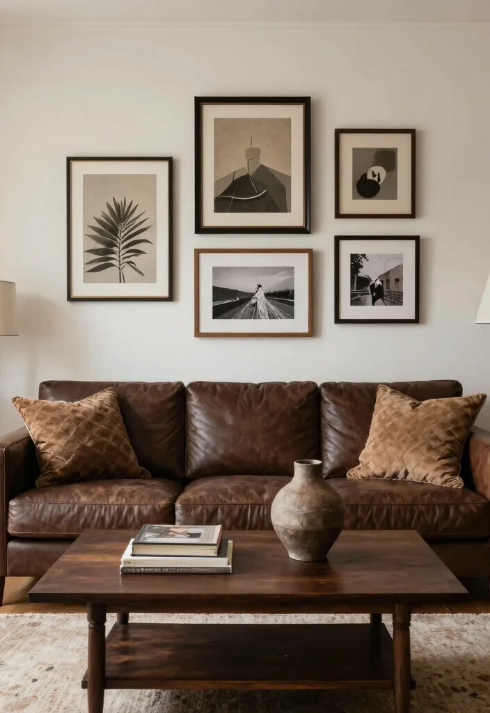 16 Living Room Ideas with Dark Brown Furniture - 14. Artistic Displays 1