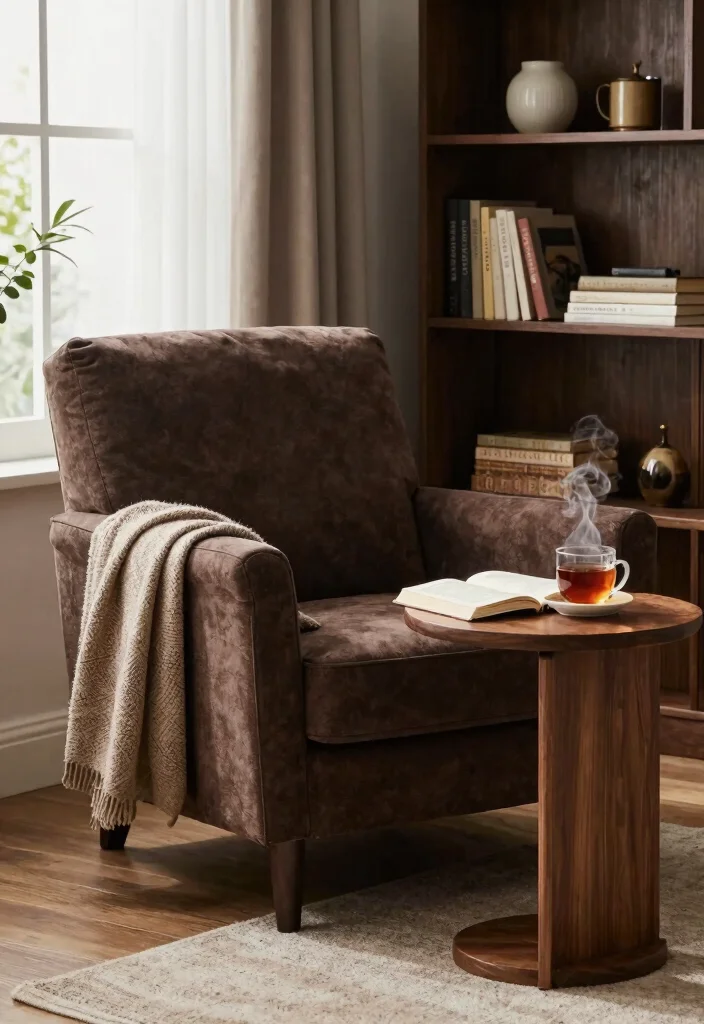 16 Living Room Ideas with Dark Brown Furniture - 5. Cozy Reading Nook 1