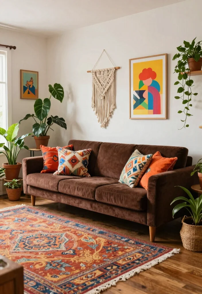 16 Living Room Ideas with Dark Brown Furniture - 6. Eclectic Bohemian Style 1