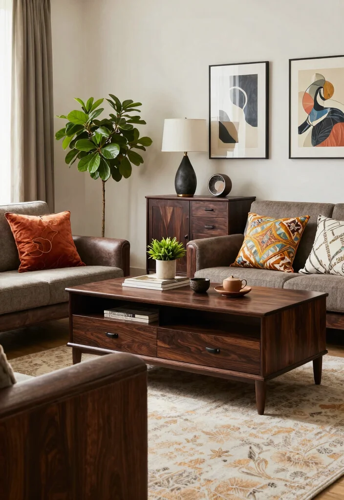 16 Living Room with Dark Wood Furniture Inspiration - 11. Combining Styles with Dark Wood 1
