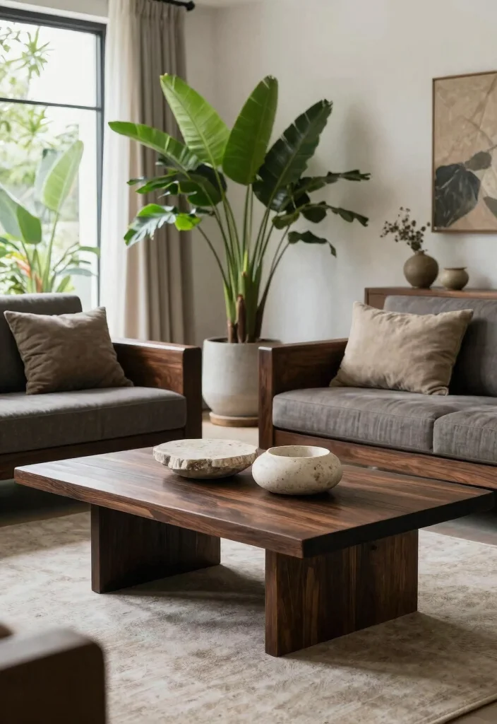 16 Living Room with Dark Wood Furniture Inspiration - 12. Dark Wood Furniture with Natural Elements 1