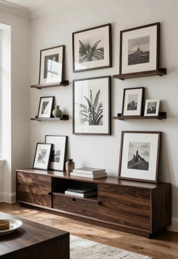 16 Living Room with Dark Wood Furniture Inspiration - 13. Art and Dark Wood Displays 1