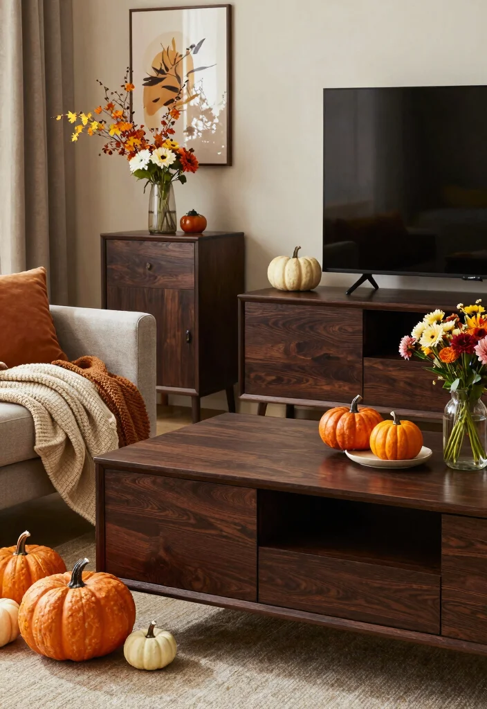16 Living Room with Dark Wood Furniture Inspiration - 16. Seasonal Decor with Dark Wood 1