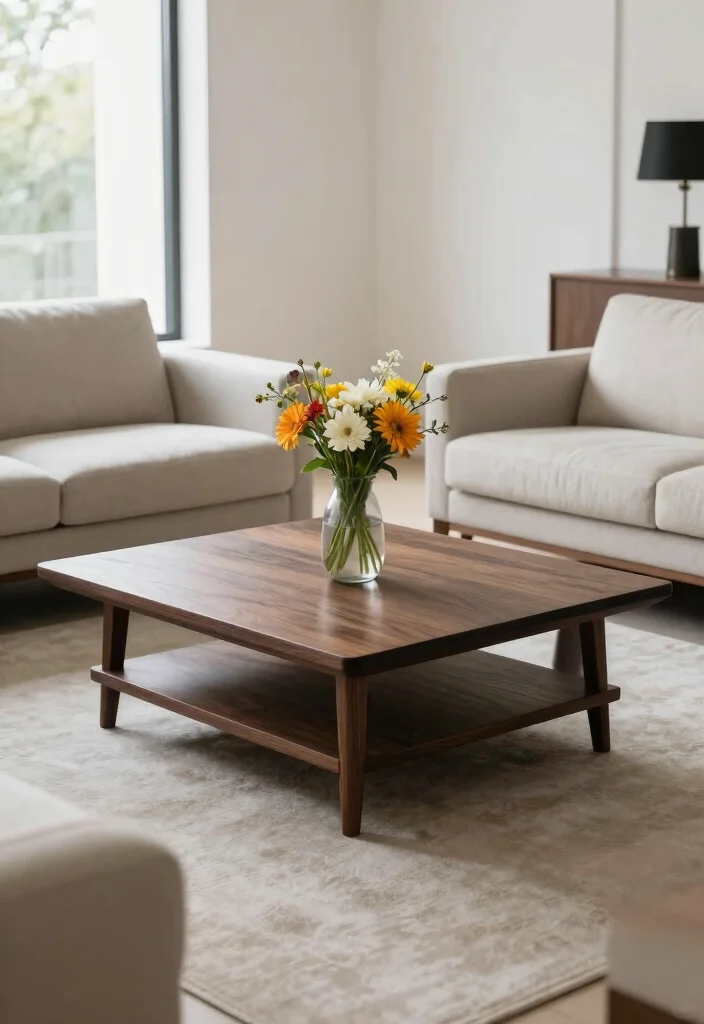 16 Living Room with Dark Wood Furniture Inspiration - 3. Minimalist Dark Wood Coffee Tables 1